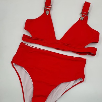 Angelsin γυναικείο σετ μαγιό μπικίνι ψηλόμεσο με κλιπ σαλοπέτας κόκκινο 1 σετ