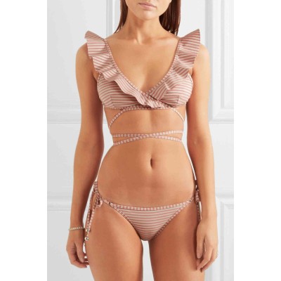 AngelSin γυναικείο νεανικό σετ μαγιό μπικίνι με Φρου-Φρου λευκό σομόν ριγέ 1 σετ