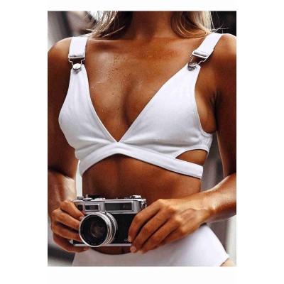 Angelsin γυναικείο σετ μαγιό μπικίνι ψηλόμεσο με κλιπ σαλοπέτας Λευκό 1 σετ