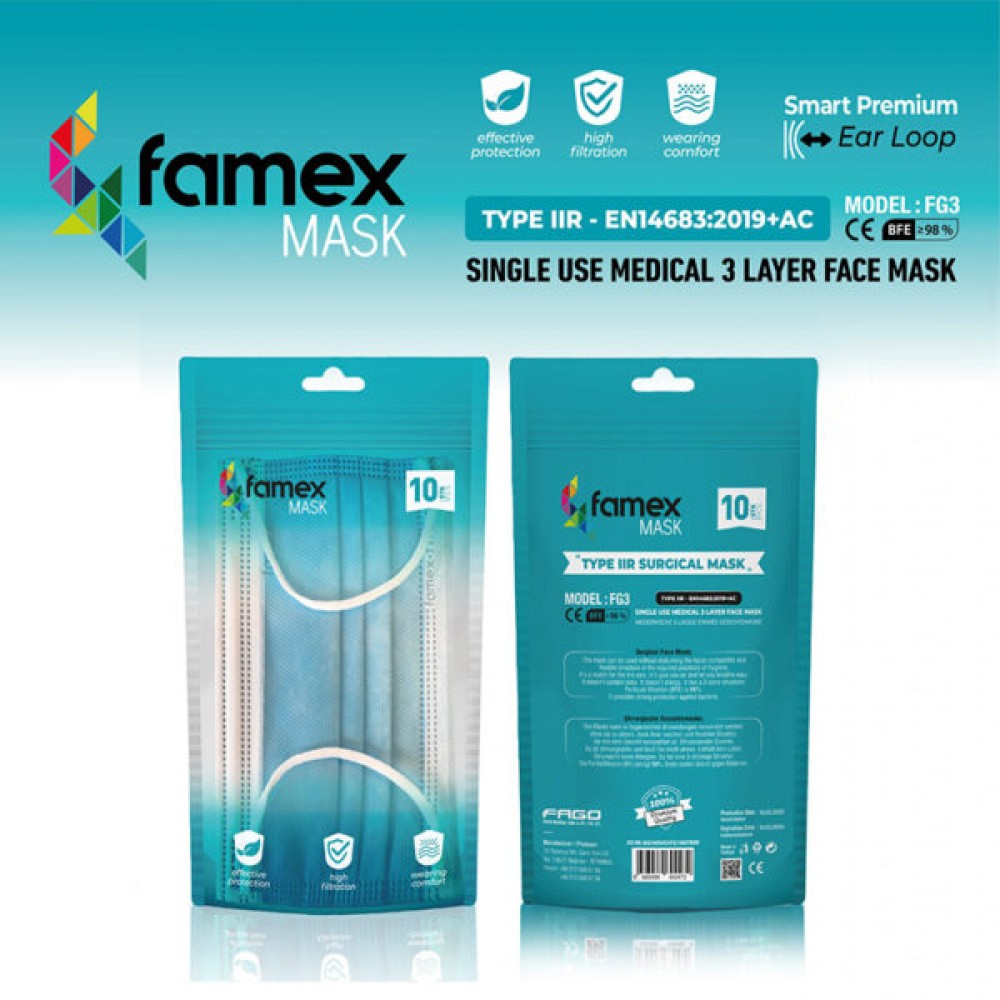 Μάσκες προσώπου μίας χρήσης  Famex 3-PLY 10 τμχ Μπλε