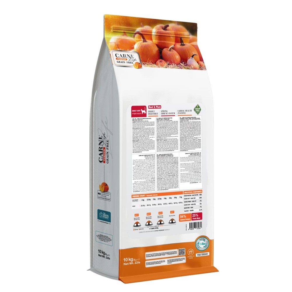 Maya Family Carni Life Pumpkin Grain Free 10kg Ξηρά Τροφή για Ενήλικες Γάτες με Μοσχάρι και Δαμάσκηνο