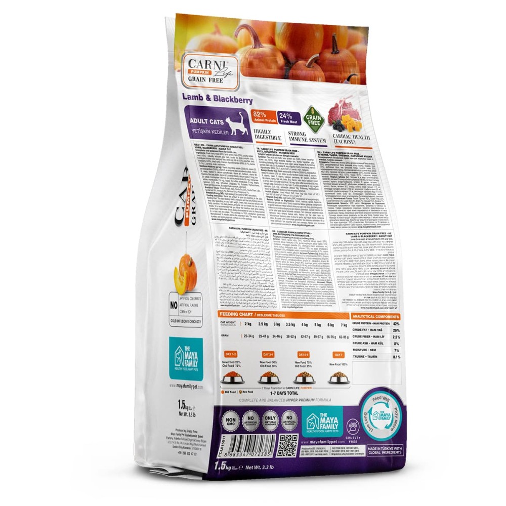 Maya Family Carni Life Pumpkin Grain Free 1.5kg Ξηρά Τροφή για Ενήλικες Γάτες με Αρνί και Μύρτιλο