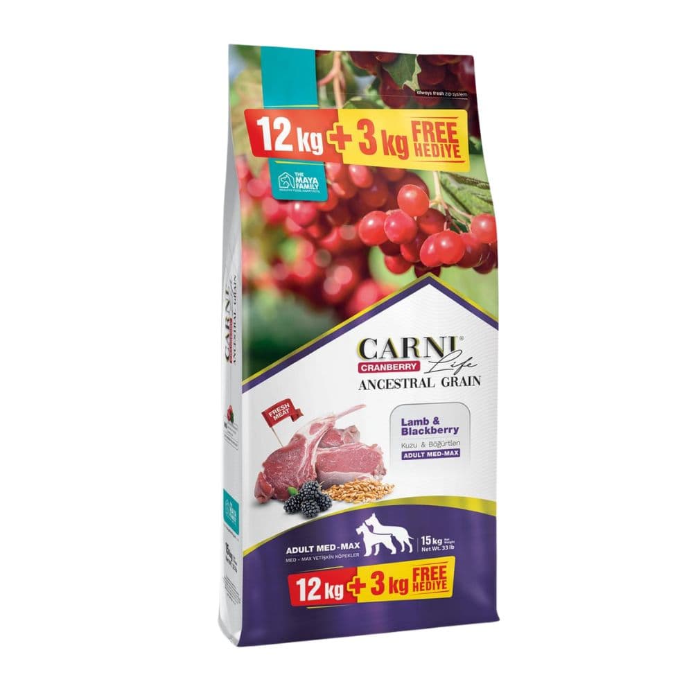 Maya Family Carni Life Cranberry 12kg + 3kg Δώρο ξηρά τροφή για ενήλικους σκύλους με αρνί και μύρτιλο