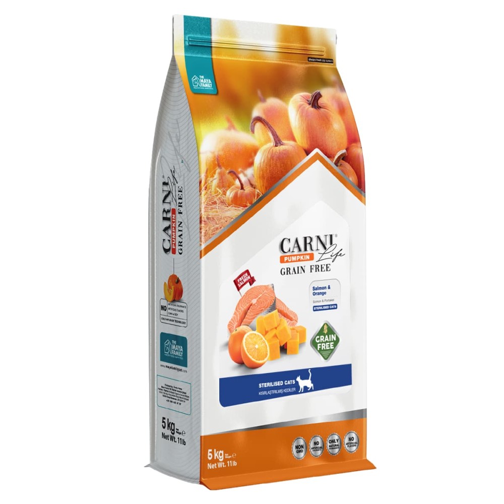 Maya Family Carni Life Pumpkin Grain Free 5kg Ξηρά Τροφή για Στειρωμένες Ενήλικες Γάτες με Σολομό και Πορτοκάλι