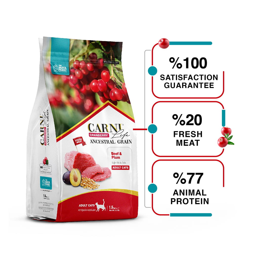 Maya Family Carni Life Cranberry 1.5kg ξηρά τροφή για ενήλικες γάτες με μοσχάρι και δαμάσκηνο