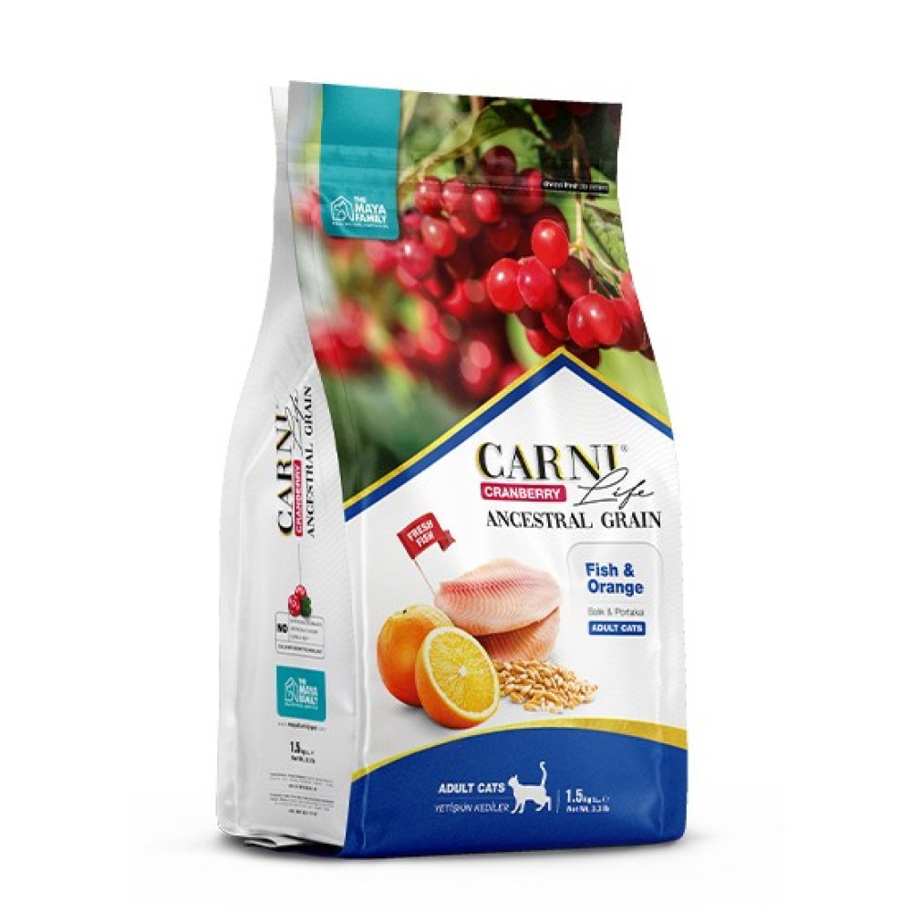 Maya Family Carni Life Cranberry 1.5kg ξηρά τροφή για ενήλικες γάτες με ψάρι και πορτοκάλι