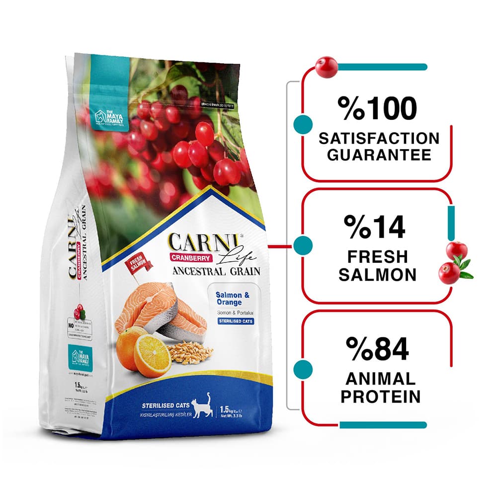 Maya Family Carni Life Cranberry 1,5kg ξηρά τροφή για στειρωμένες γάτες με σολωμό και πορτοκάλι