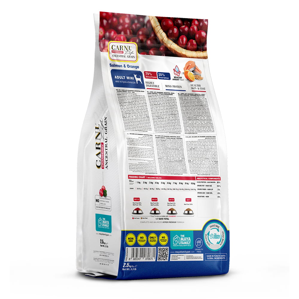 Maya Family Carni Life Cranberry 2.5kg ξηρά τροφή για ενήλικους μικρόσωμους σκύλους με σολωμό και πορτοκάλι