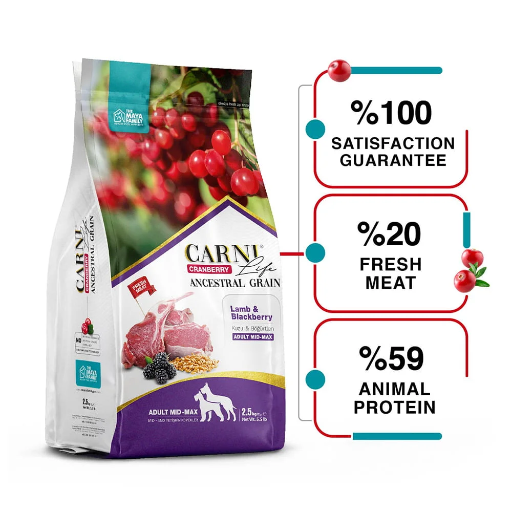 Maya Family Carni Life Cranberry 2.5kg ξηρά τροφή για ενήλικους σκύλους με αρνί και μύρτιλο Maya Family Carni Life Cranberry 2.5kg ξηρά τροφή για ενήλικους σκύλους με αρνί και μύρτιλο