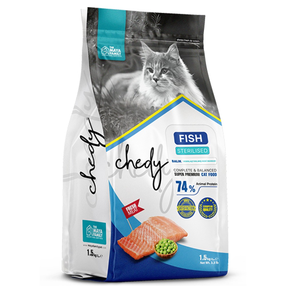 Maya Family Chedy 1.5kg ξηρά τροφή για στειρωμένες γάτες με ψάρι