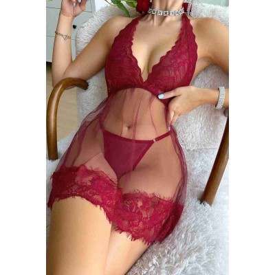 Merry See Sexy γυναικείο νυχτικό με δαντέλα, διαφάνεια και κιλοτάκι κόκκινο Merry See Sexy γυναικείο νυχτικό με δαντέλα, διαφάνεια και κιλοτάκι κόκκινο