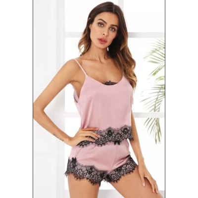 Merry See γυναικείο σετ πιτζάμας από σατέν top σορτσάκι με κεντημένη δαντέλα ροζ 1 σετ Merry See γυναικείο σετ πιτζάμας από σατέν top σορτσάκι με κεντημένη δαντέλα ροζ 1 σετ