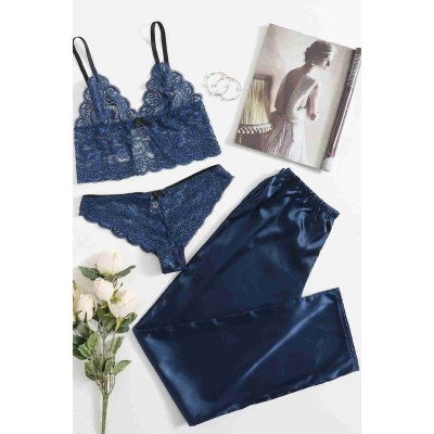 Merry See σετ σατέν πιτζάμα σουτιέν και string με δαντέλα μπλε MS4062 Merry See σετ σατέν πιτζάμα σουτιέν και string με δαντέλα μπλε MS4062