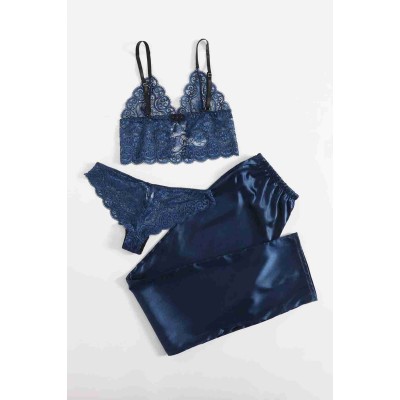Merry See σετ σατέν πιτζάμα σουτιέν και string με δαντέλα μπλε MS4062 Merry See σετ σατέν πιτζάμα σουτιέν και string με δαντέλα μπλε MS4062
