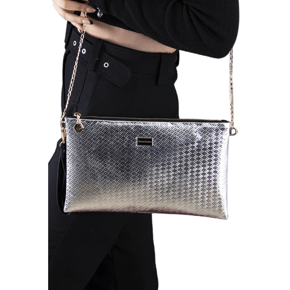 Silver Polo Ασημί ανάγλυφο Clutch τσάντα μονής θήκης