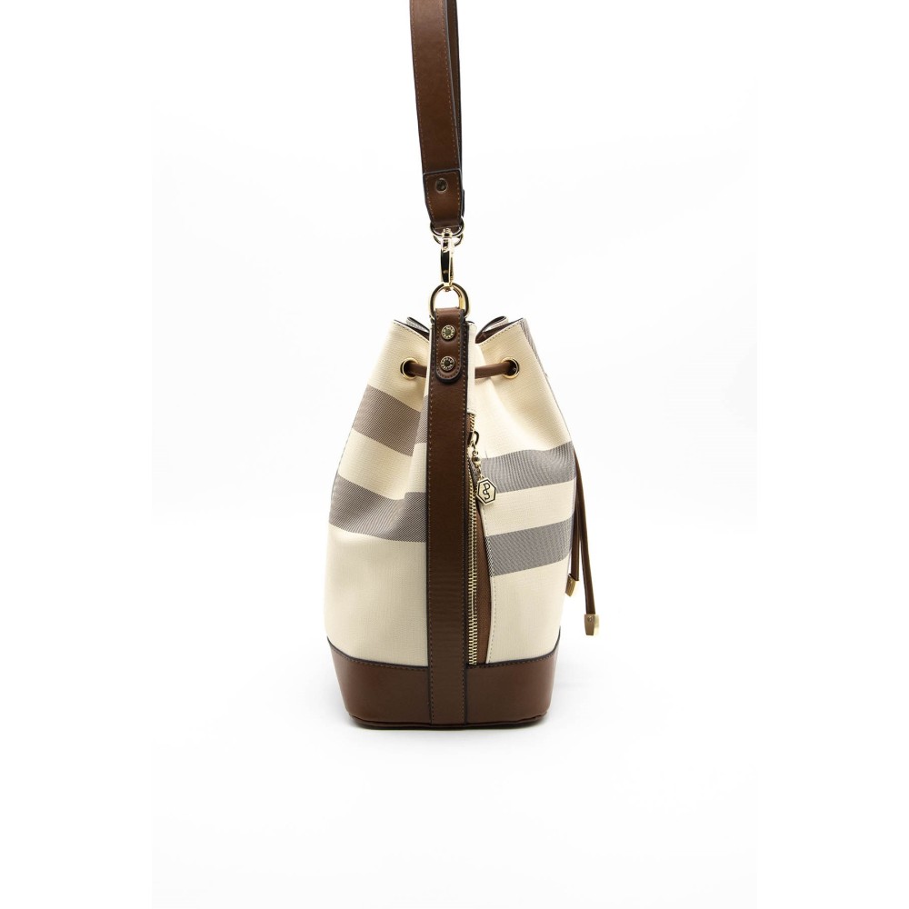 Silver Polo Κρεμ Γυναικεία τσάντα ώμου πουγκί μονής θήκης με μοτίβο καρό