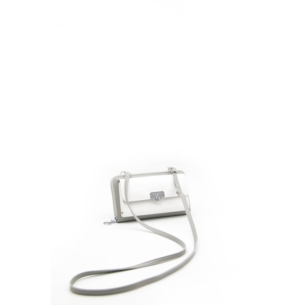 Silver Polo Λευκό Γκρι Γυναικείο Πορτοφόλι & Θήκη Κάρτας/Τηλεφώνου με λουράκι και τρεις θήκες