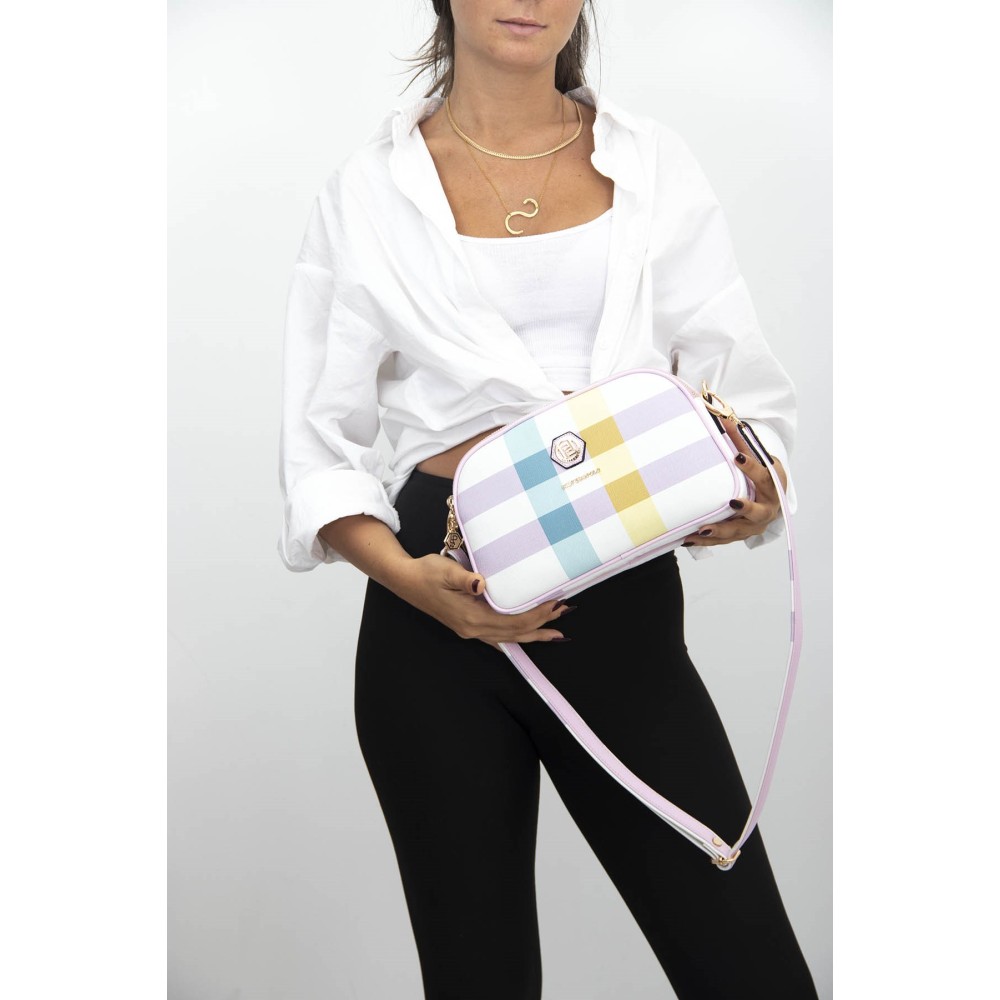 Silver Polo Λιλά Γυναικεία Τσάντα χιαστί με μοτίβο καρό και τρεις θήκες