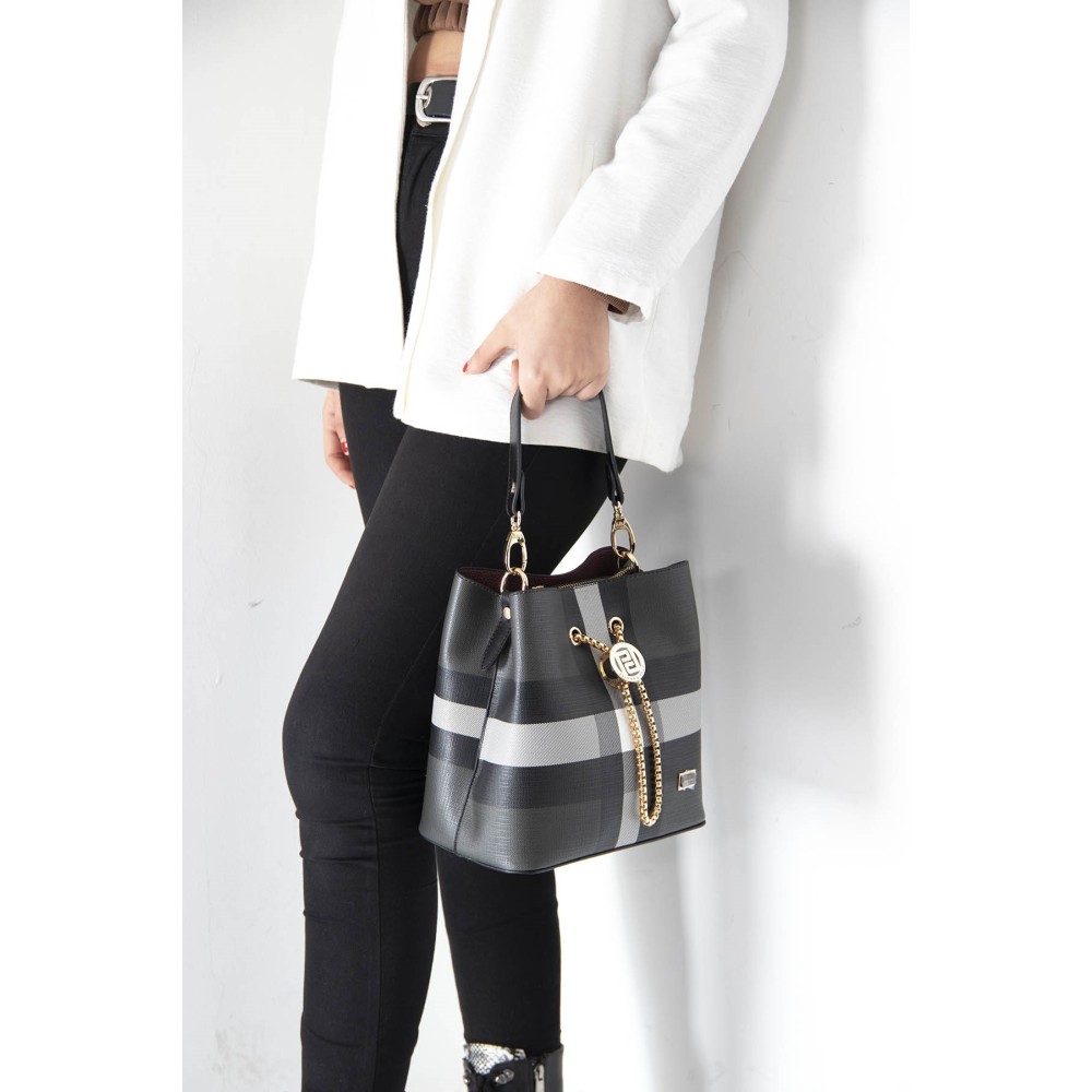 Silver Polo Μαύρη Γυναικεία Tσάντα χειρός με μοτίβο καρό σε στυλ πουγκί