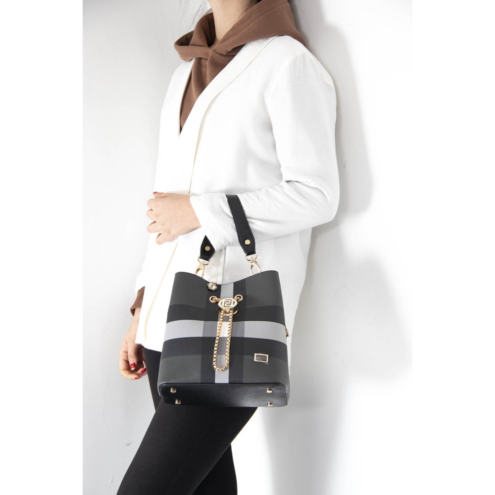 Silver Polo Μαύρη Γυναικεία Tσάντα χειρός με μοτίβο καρό σε στυλ πουγκί
