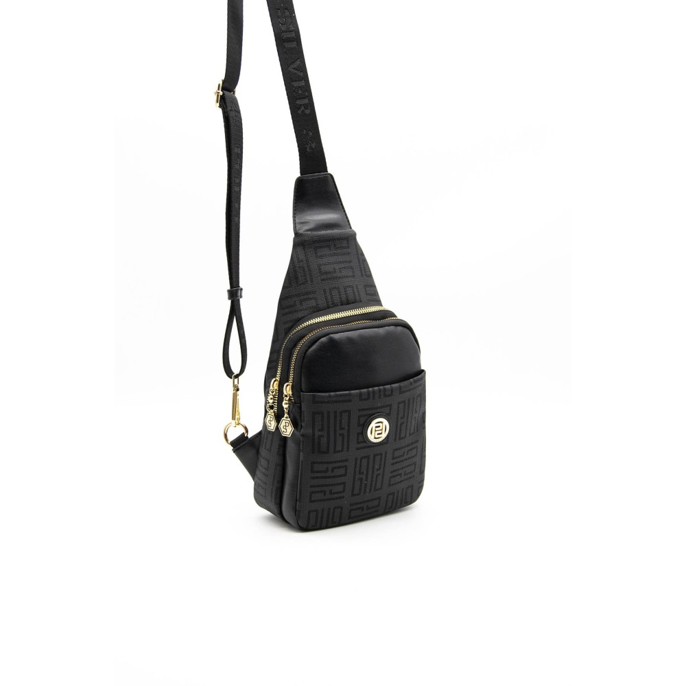 Silver Polo Μαύρη Γυναικεία Τσάντα Freebag με μεταλλικό φερμουάρ & δύο θήκες