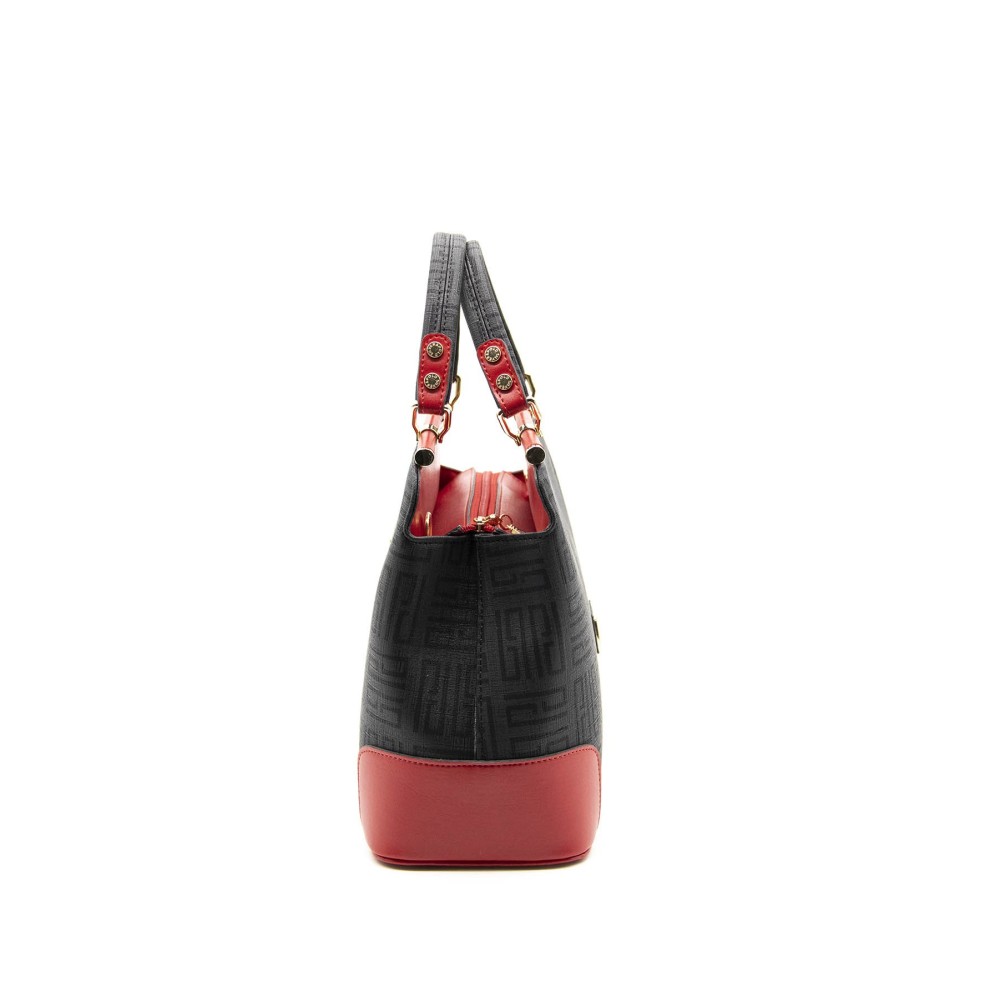 Silver Polo Μαύρη - Κόκκινη Γυναικεία Tσάντα χειρός με μοτίβο λογότυπο