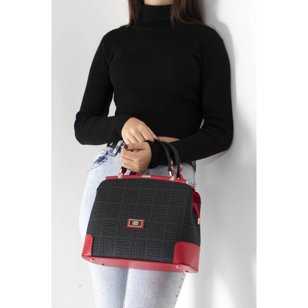 Silver Polo Μαύρη - Κόκκινη Γυναικεία Tσάντα χειρός με μοτίβο λογότυπο