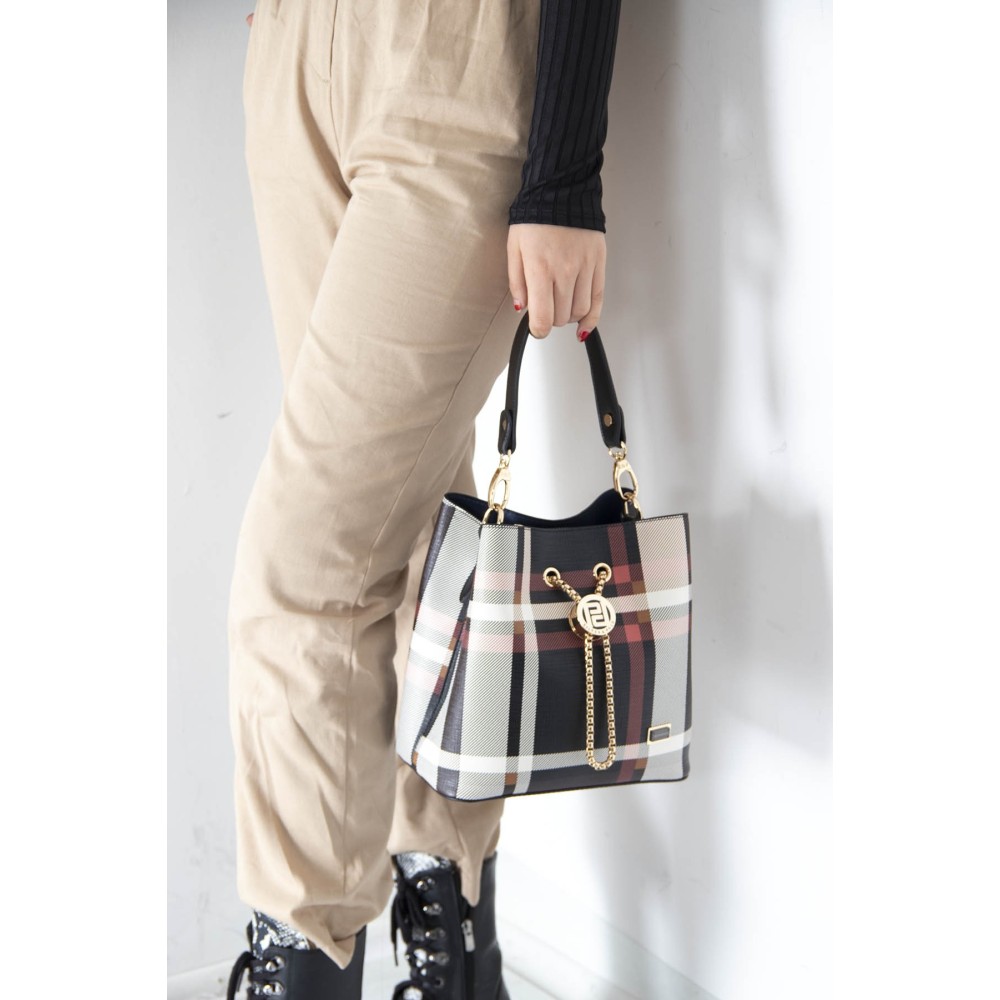 Silver Polo Μαύρη Κόκκινη Γυναικεία τσάντα χειρός με μοτίβο καρό σε στυλ πουγκί