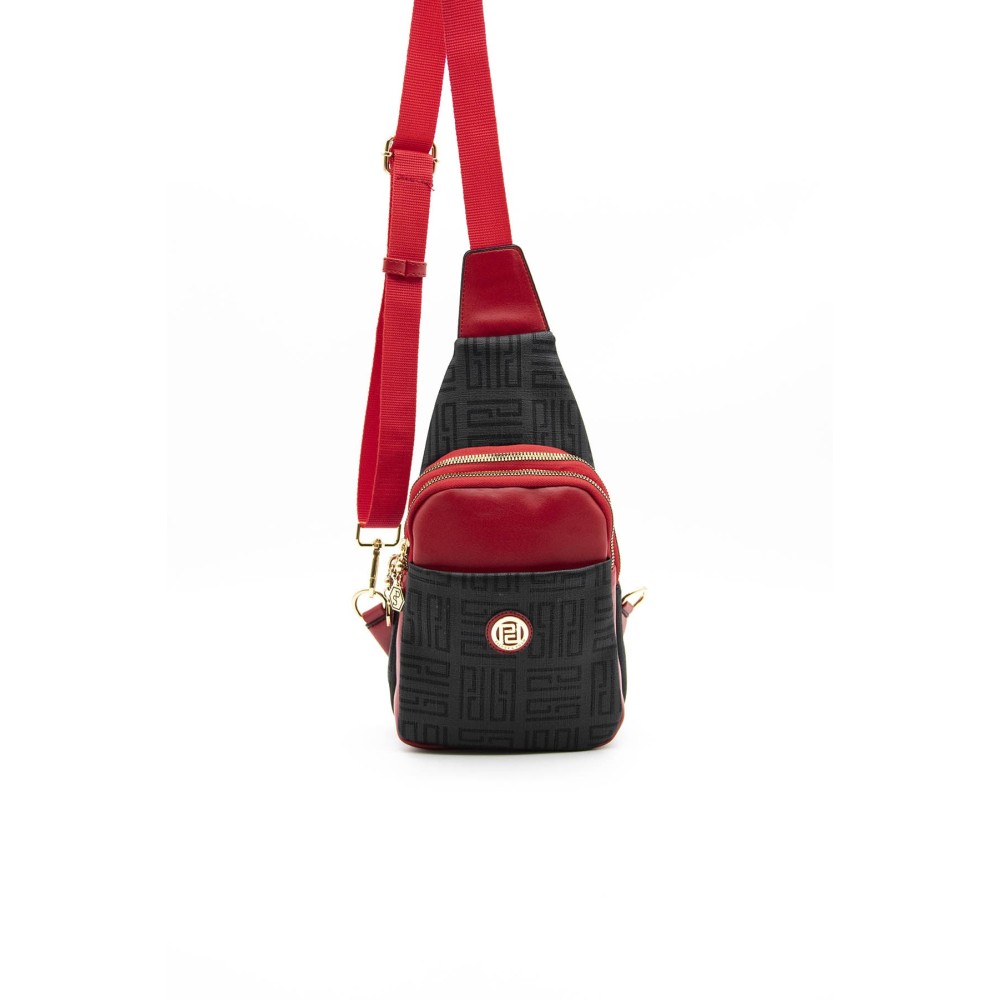 Silver Polo Μαύρη Κόκκινη Γυναικεία τσάντα Freebag με μεταλλικό φερμουάρ & δύο θήκες