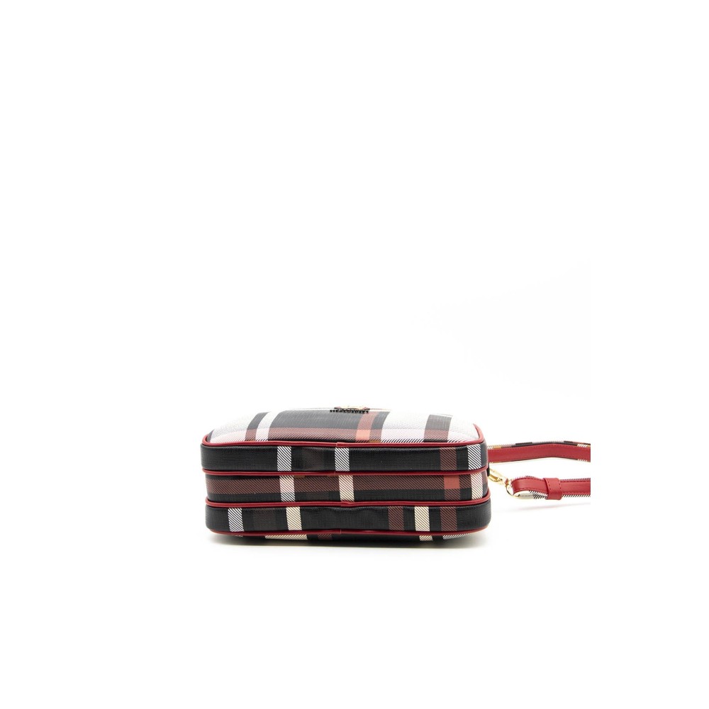 Silver Polo Μαύρη Κόκκινη Γυναικεία Tσάντα χιαστί με μοτίβο καρό και τρεις θήκες