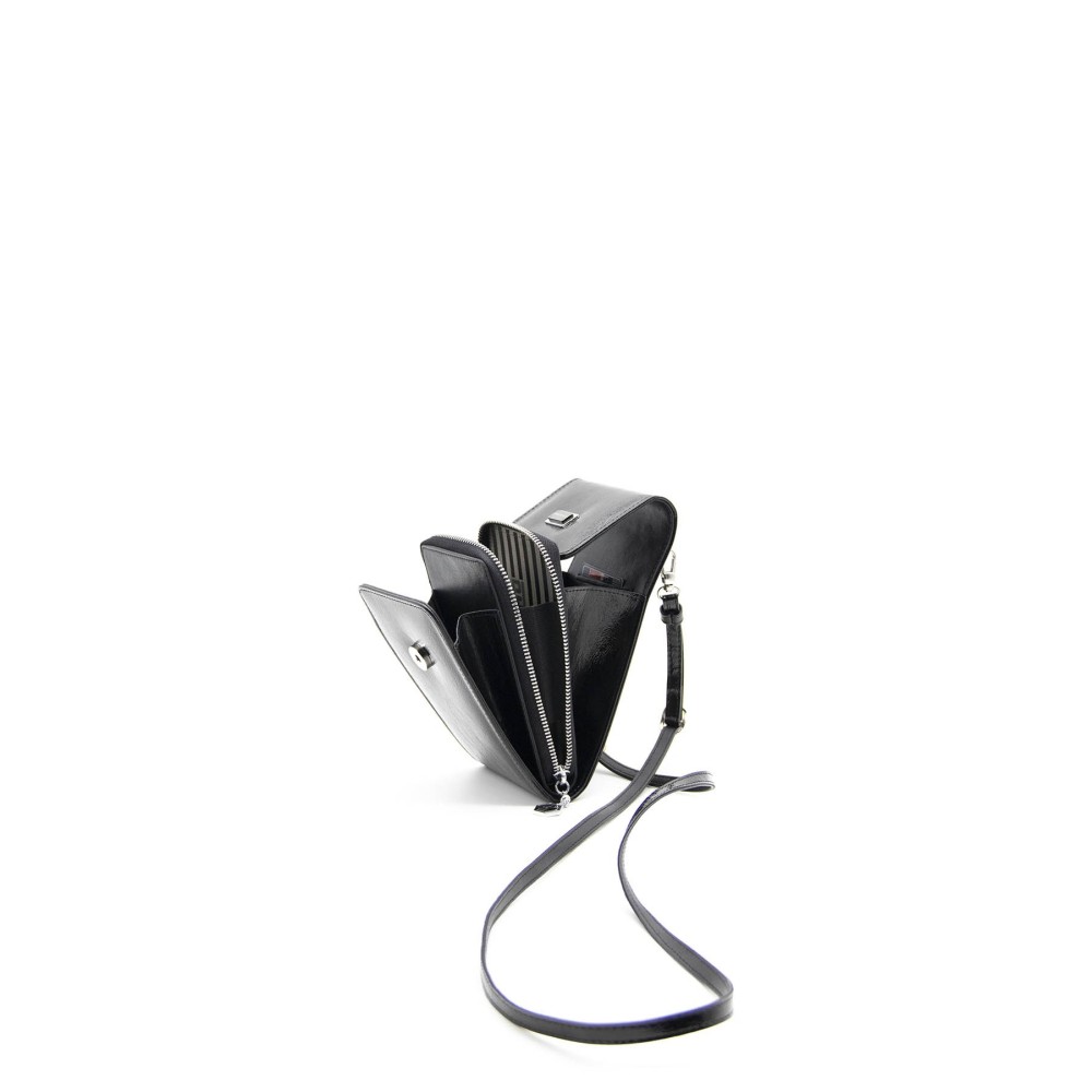 Silver Polo Μαύρο Λουστρίνι Γυναικείο Πορτοφόλι & Θήκη Κάρτας/Τηλεφώνου με λουράκι και τρεις θήκες