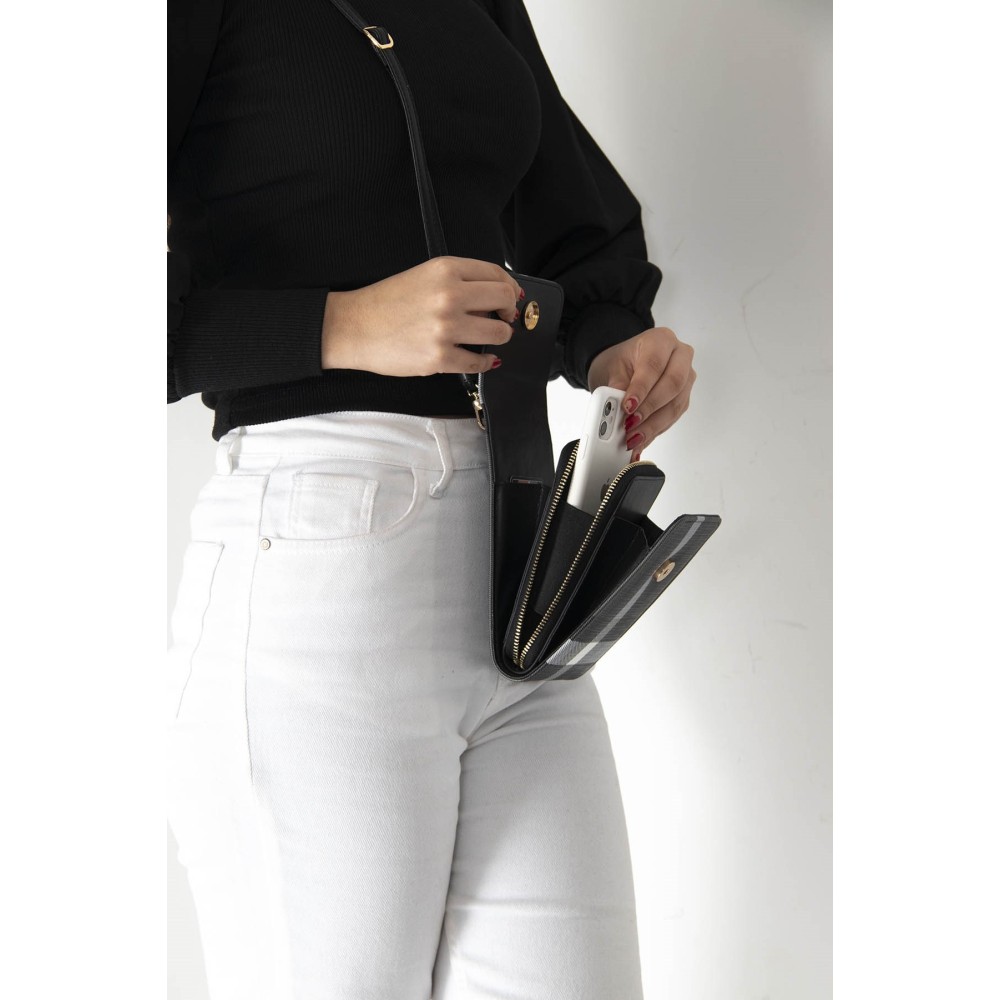 Silver Polo Μαύρο Γυναικείο Πορτοφόλι & Θήκη για Κάρτες με λουράκι και με μοτίβο καρό