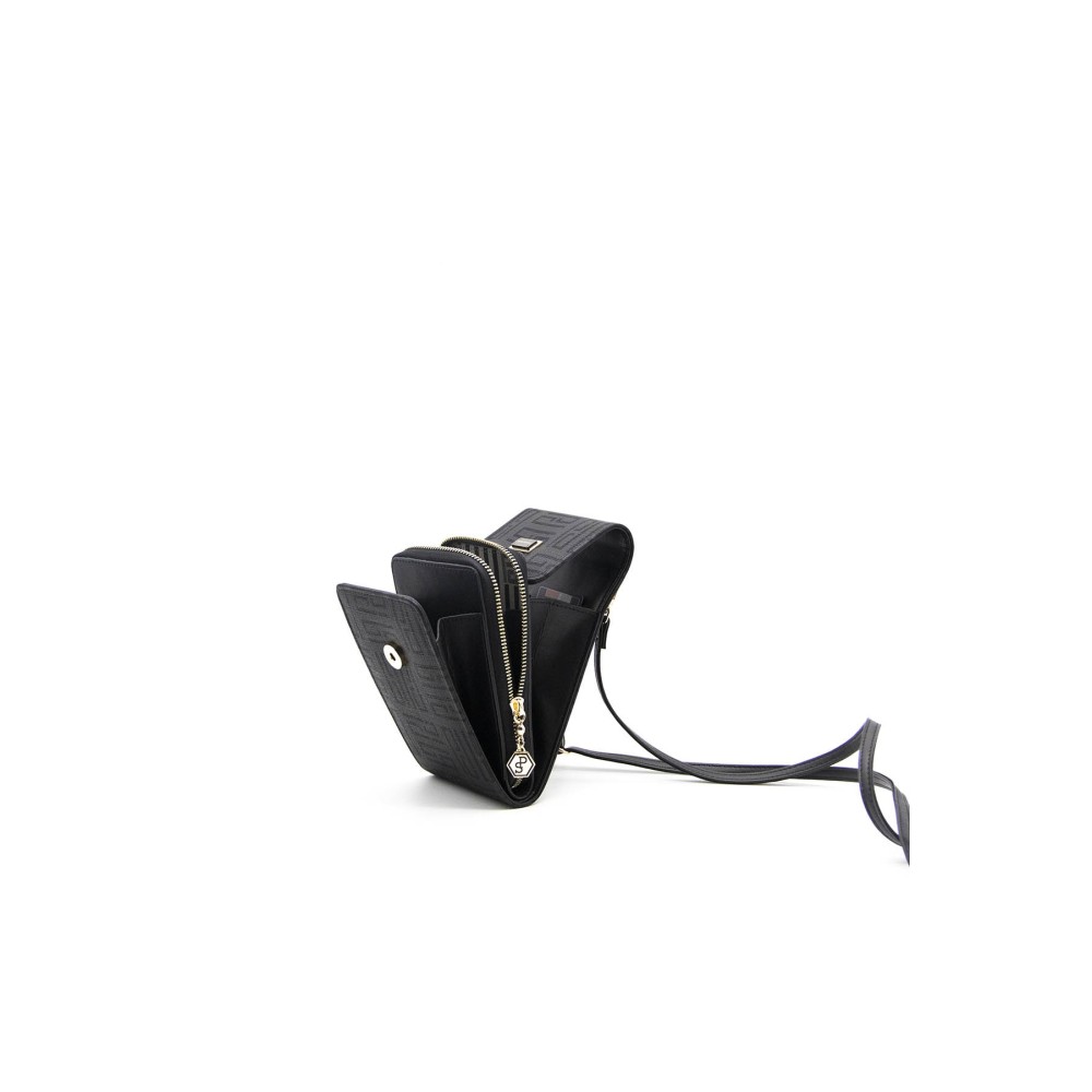 Silver Polo Μαύρο Γυναικείο Πορτοφόλι & Θήκη Κάρτας/Τηλεφώνου με λουράκι και με μοτίβο λογότυπο