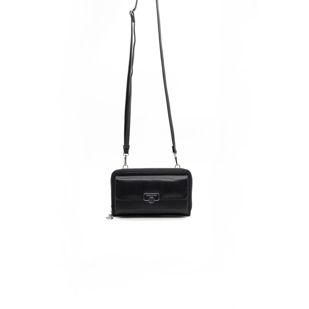 Silver Polo Μαύρο Γυναικείο Πορτοφόλι & Θήκη Κάρτας/Τηλεφώνου με λουράκι και με ασημί αξεσουάρ