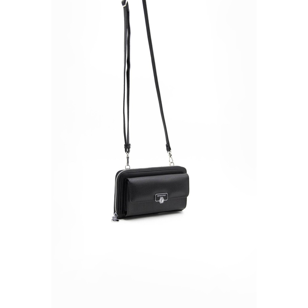 Silver Polo Μαύρο Γυναικείο Πορτοφόλι & Θήκη Κάρτας/Τηλεφώνου με λουράκι και με ασημί αξεσουάρ