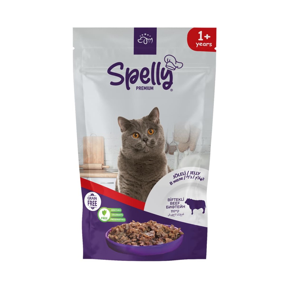 Spelly Premium Jelly Grain Free 85gr για Ενήλικη Γάτα με Μοσχάρι σε Φακελάκι 24 τμχ