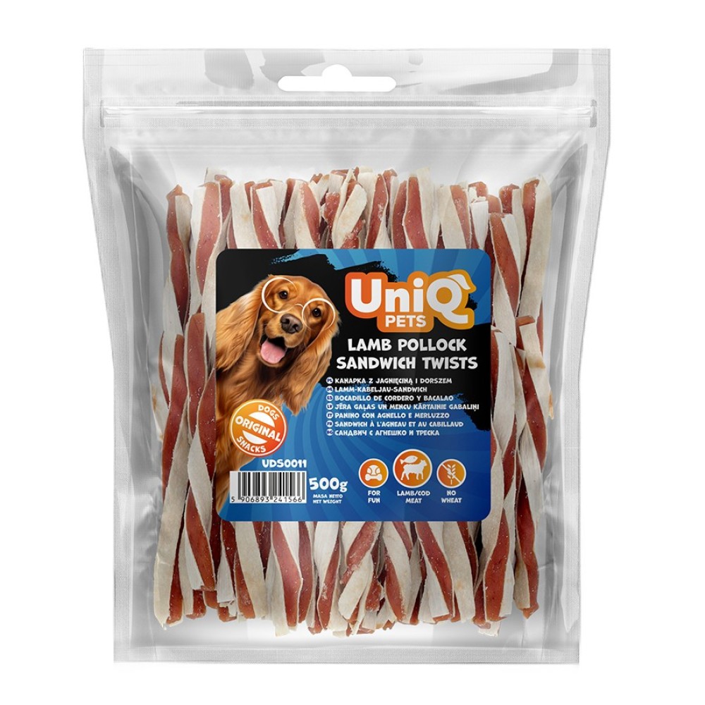 Uniq 500gr Λιχουδιά για Σκύλους Στριφτά Κομμάτια με Αρνί και Πόλοκ