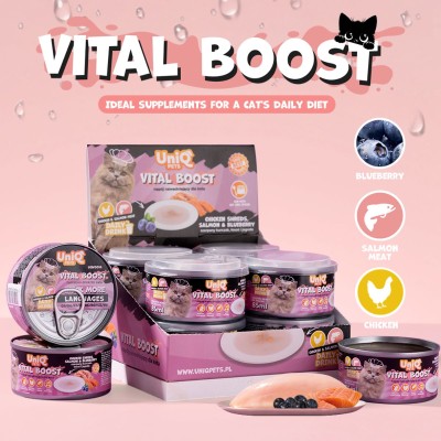 Uniq Daily Drink Vital Boost 85ml για Γάτες με Κοτόπουλο, Σολομό και Blueberry 8τμχ