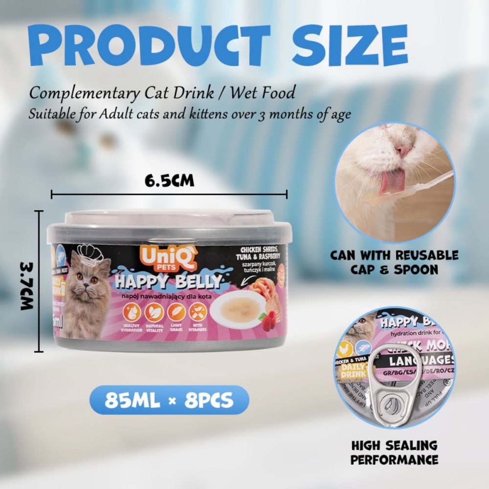 Uniq Daily Drink Happy Belly 85ml για Γάτες με Κοτόπουλο, Τόνο και Raspberry 8τμχ