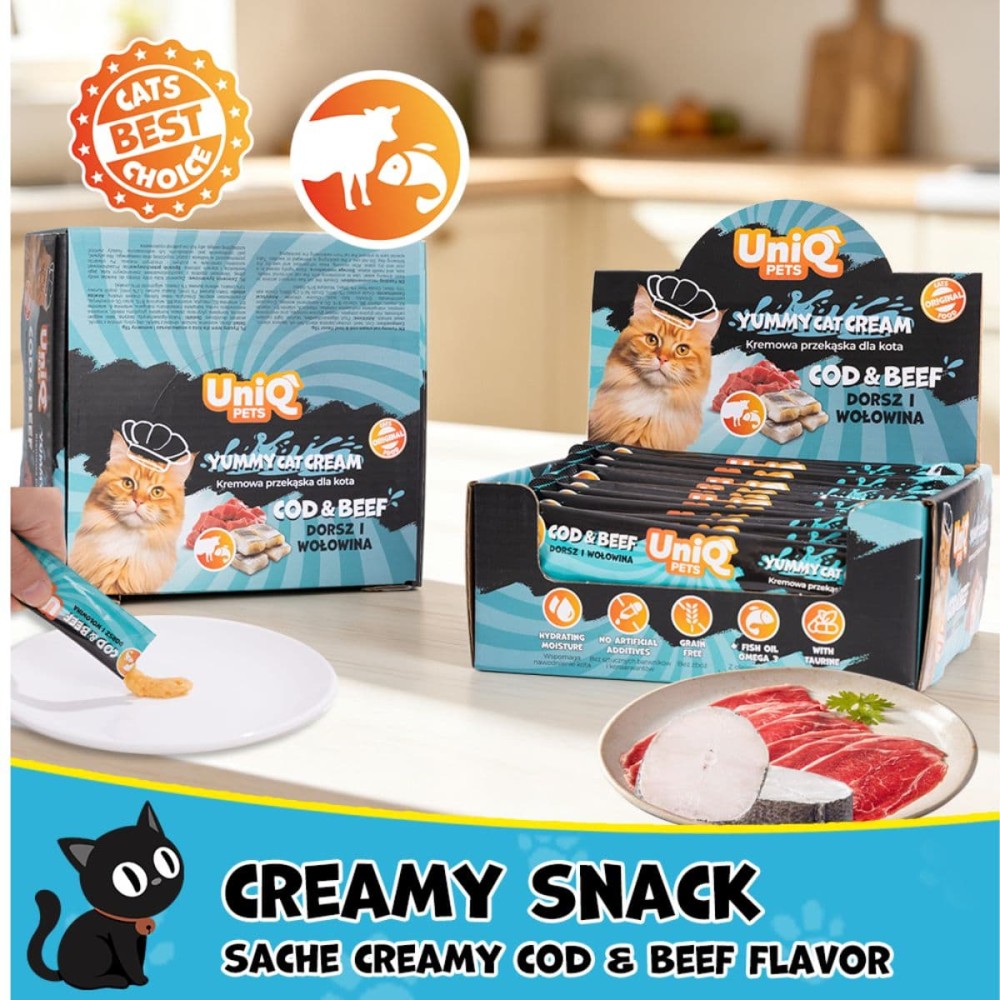 Uniq Yummy Cat Cream 15gr για Γάτες με Μπακαλιάρο και Βοδινό 50τμχ