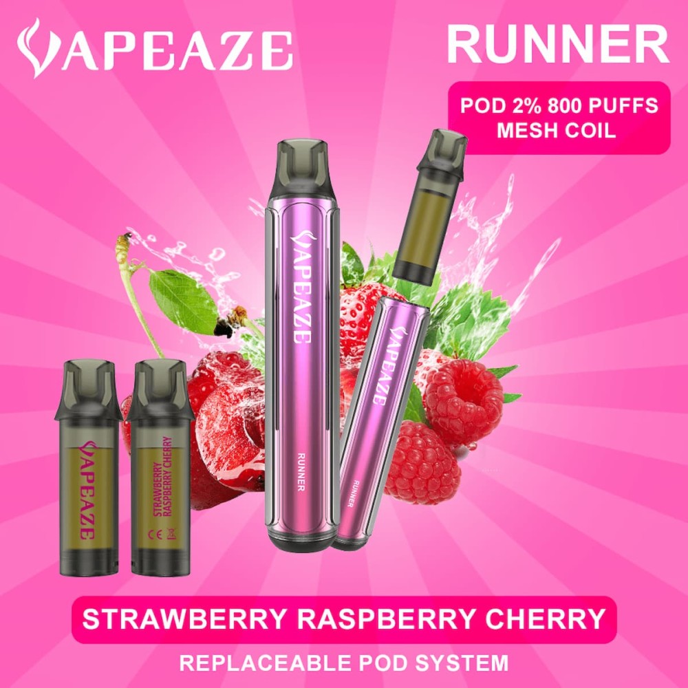 Vapeaze-Runner Pod Αναπλήρωσης 800 Puffs 2% Νικοτίνη Strawberry Raspberry Cherry