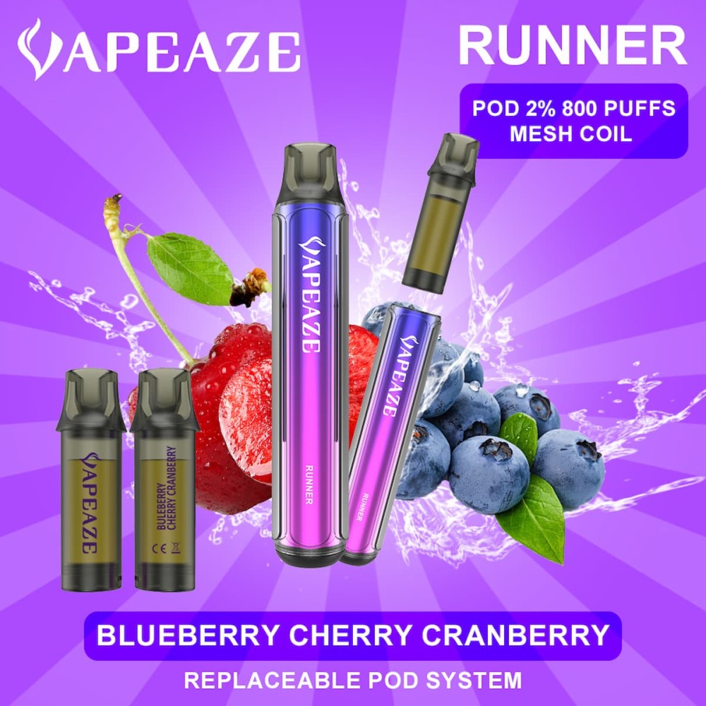 Vapeaze-Runner Pod Αναπλήρωσης 800 Puffs 2% Νικοτίνη Blueberry Cherry Cranberry