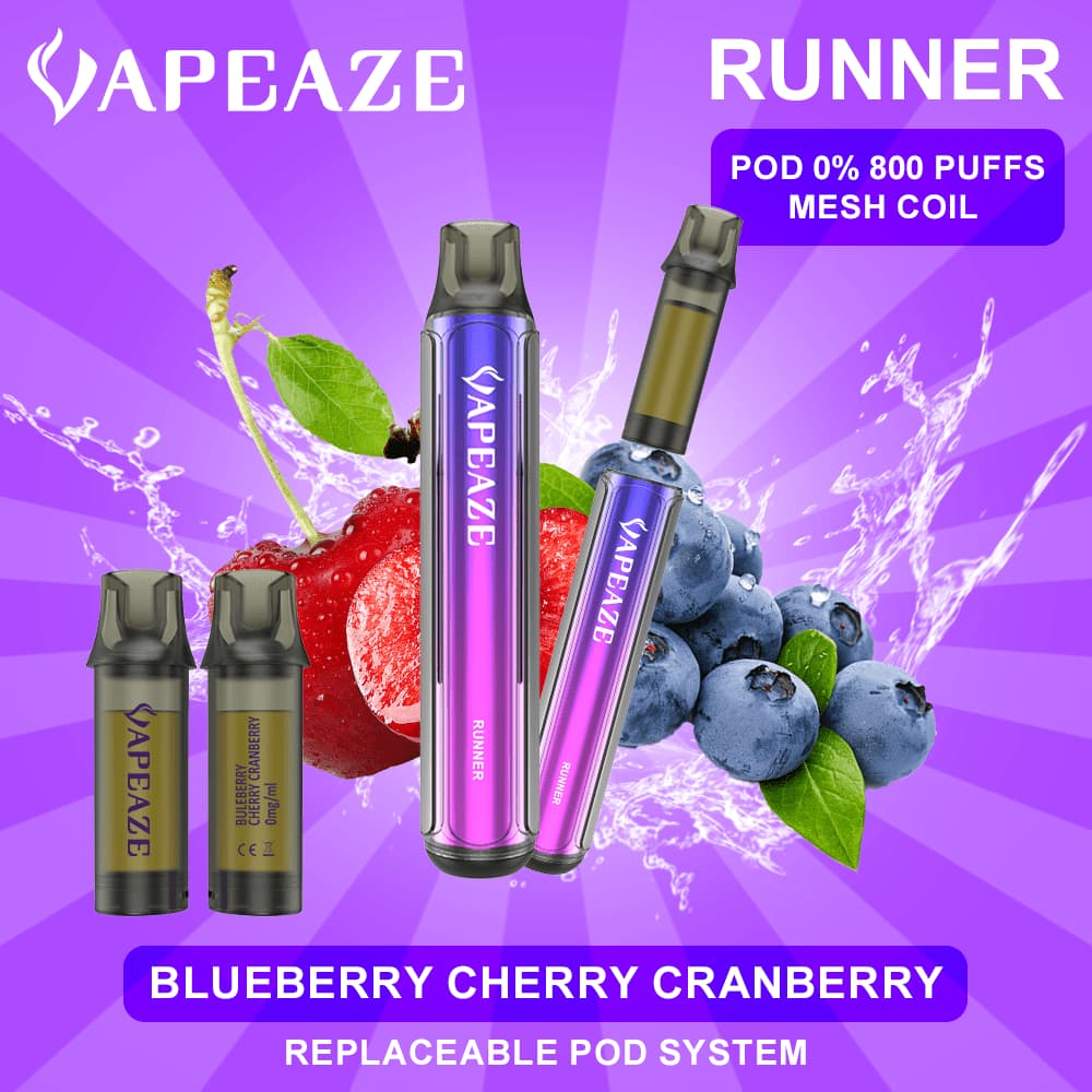 Vapeaze-Runner Pod Αναπλήρωσης 800 Puffs 0% Νικοτίνη Blueberry Cherry Cranberry