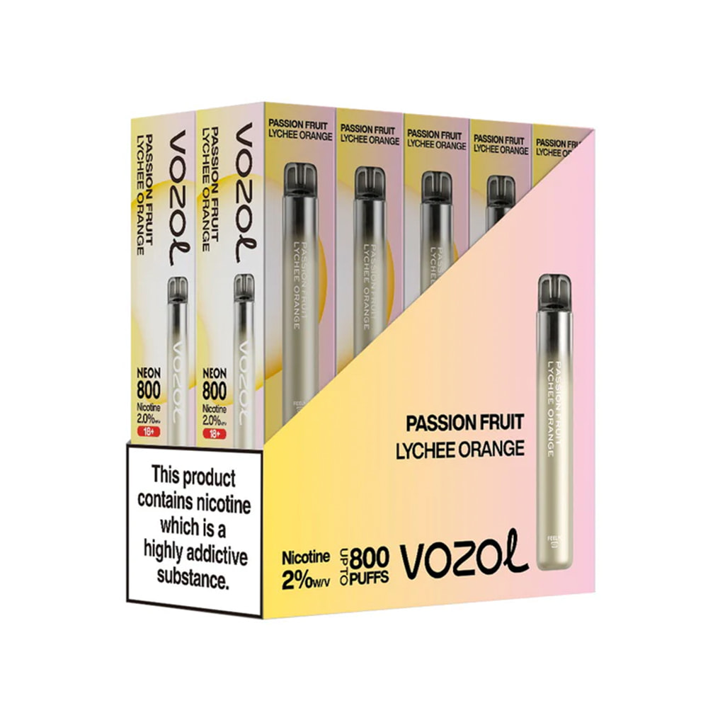 Vozol Neon 800 Vape μιας χρήσης 2ml 2% mg 800 puffs Passion Fruit Lychee Orange